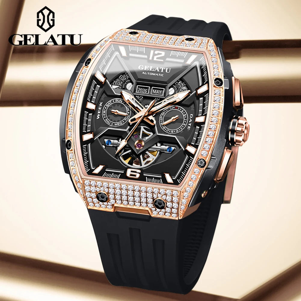 GELATU Full Diamond Men'S Watches Flywheel Design Dual Calendar Automatic Mechanical Watch for Men TOP Brand Original Wristwatch